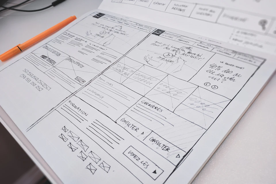 Disegno a mano di un wireframe di pagina web su un foglio con una penna